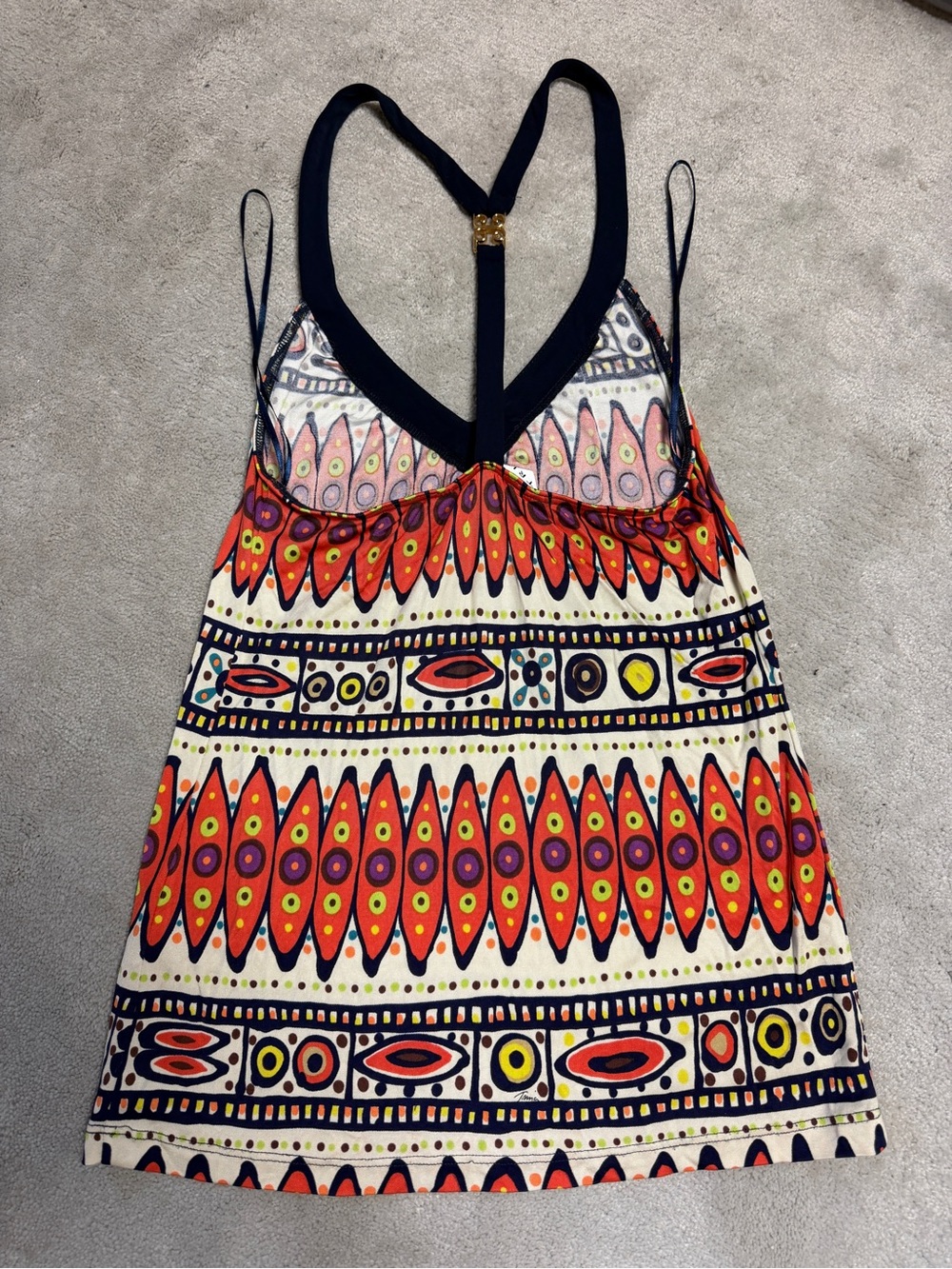TRINA TURK BEACHWEAR TRIBAL PATTERNED HALTER V-NECK TOP SMALL PETITE 100% SILK - Picture 2 of 6